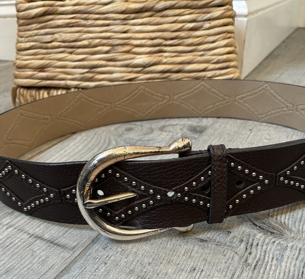 Vintage Y2K Michael Kors Studded Leather Belt Diamond Cutout Brown Silver Size L